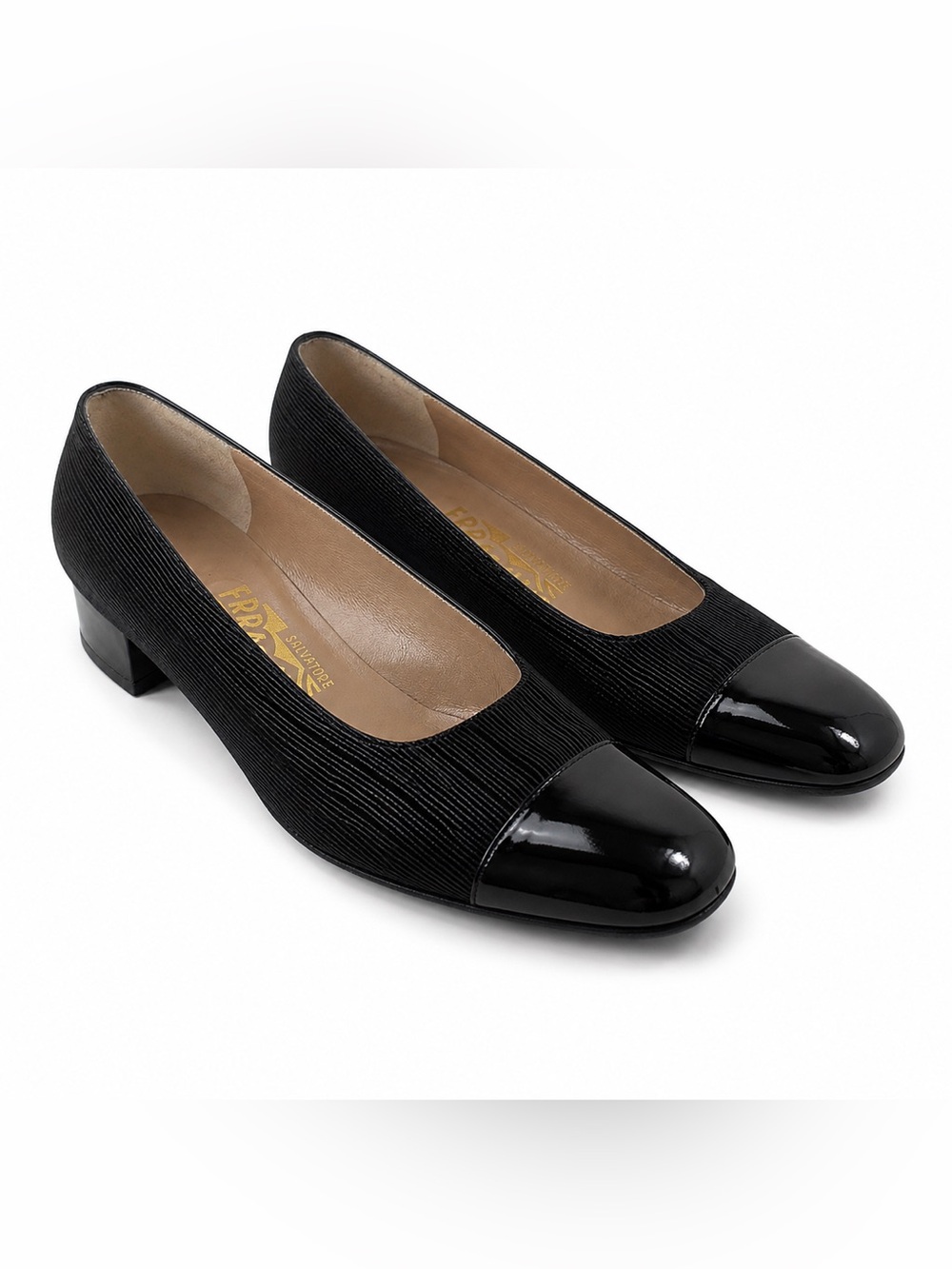 Salvatore Ferragamo Leather Pump Black Patent Cap Toe - Size 8.5